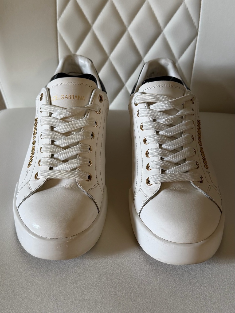 Dolce & Gabbana White Leather Lace-Up Platform Sneakers with Gold Accents